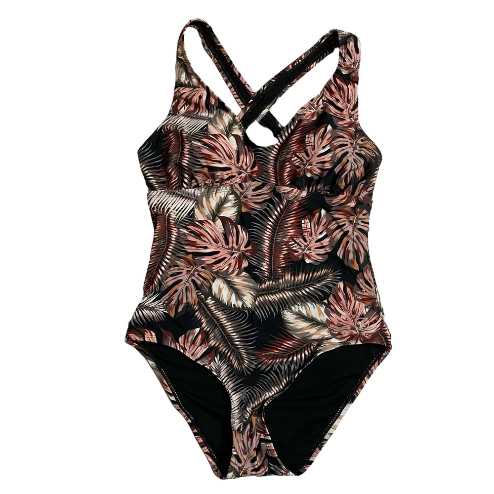 Hurley one piece bathing suit UPF 50 scattered palm v-neck size medium